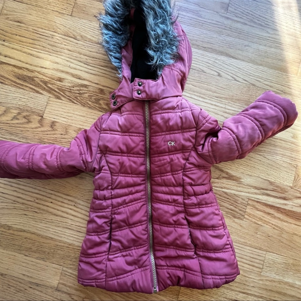 Calvin Klein Kids Mauve Puffer Coat with Faux Fur Trim